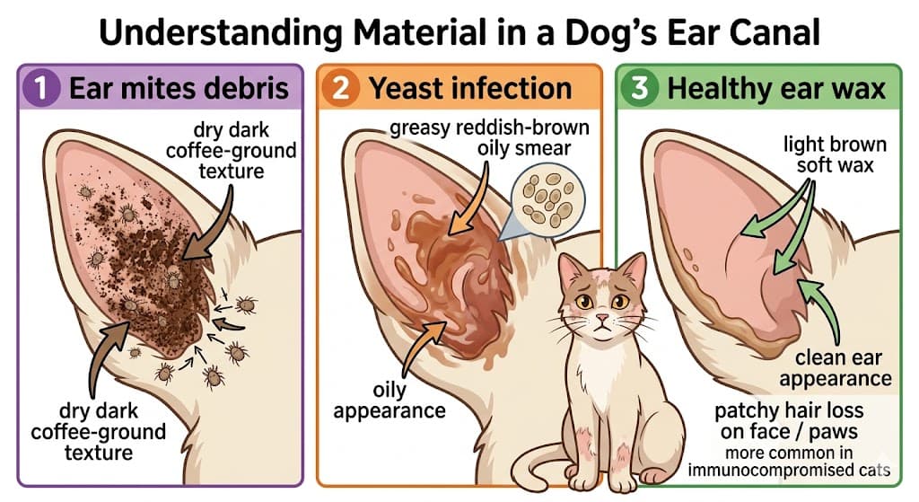 Black stuff in dogs ear: healthy wax vs mites debris vs yeast 3-panel compare