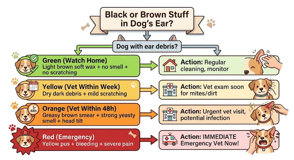 When to vet decision flowchart for black stuff in dogs ear