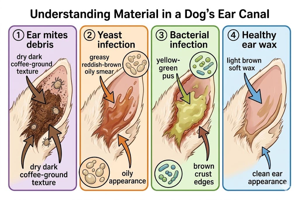 Comparison of 4 black stuff in dogs ear sub-types: mites debris vs yeast vs bacterial vs wax