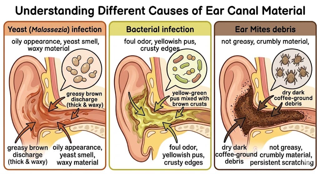 Brown discharge dog ear infection 3-panel: yeast Malassezia vs bacterial pus vs mites debris