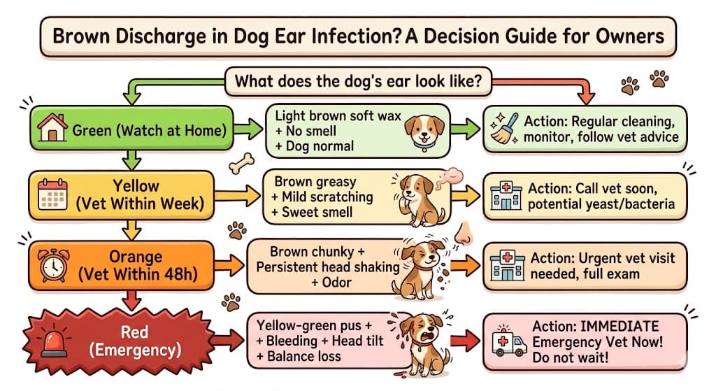 When to vet decision flowchart for brown discharge dog ear infection