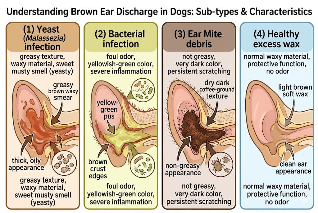 Comparison of 4 brown discharge dog ear infection sub-types: yeast vs bacterial vs mites vs wax