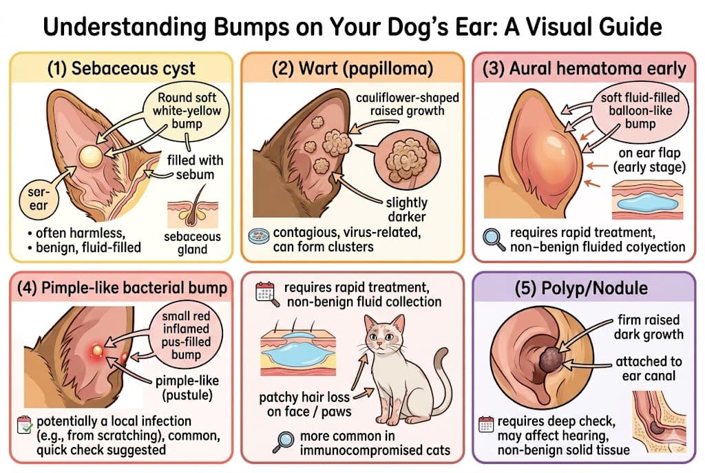 Comparison of 5 bump on dogs ear sub-types: sebaceous cyst vs wart vs hematoma vs pimple vs polyp