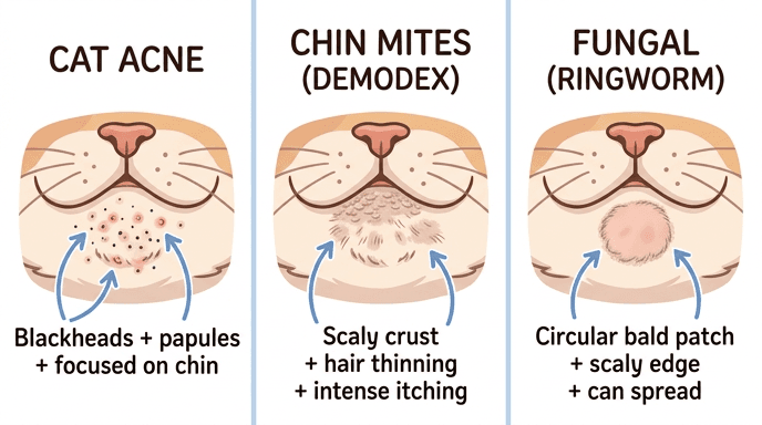 Three-panel comparison of cat acne vs chin mites Demodex vs fungal ringworm pictures