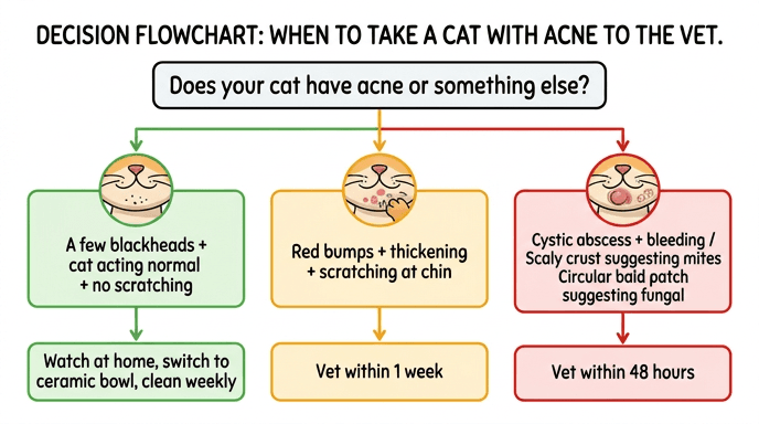 Decision flowchart for when to take a cat with acne pictures to the vet