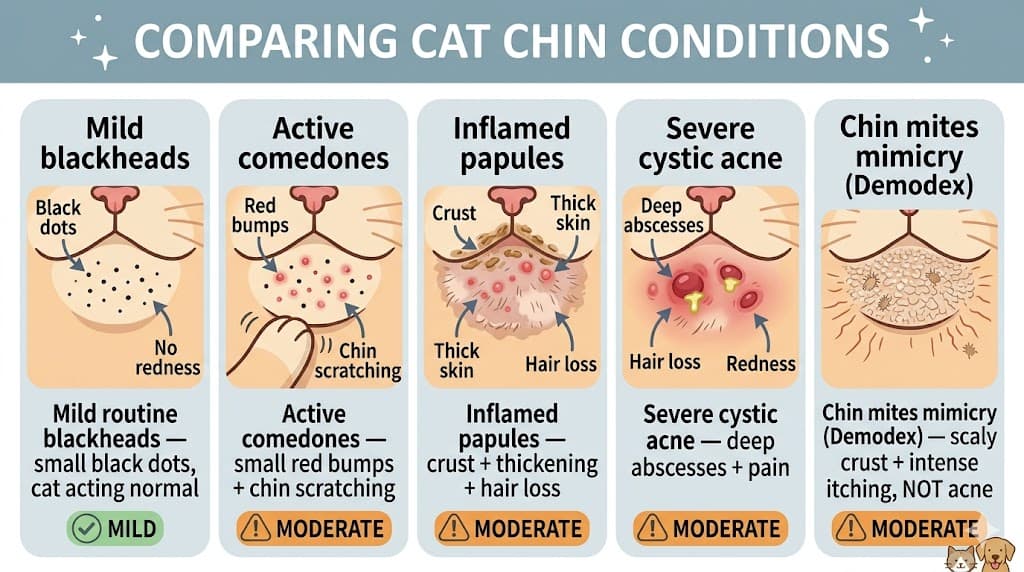 Comparison of 5 cat acne sub-types from mild blackheads to severe cystic and chin mites mimicry