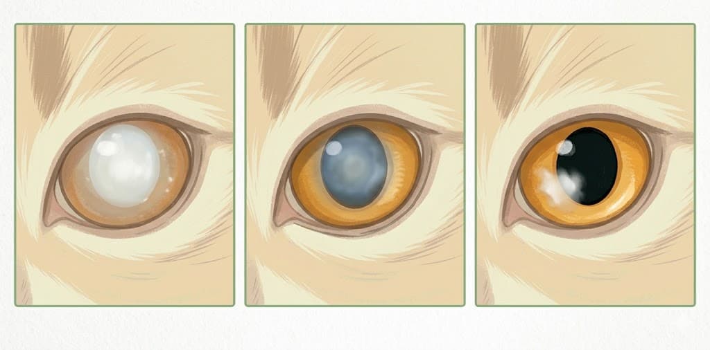 Cat cloudy eye three-panel comparison — mature cataract vs nuclear sclerosis vs corneal scarring