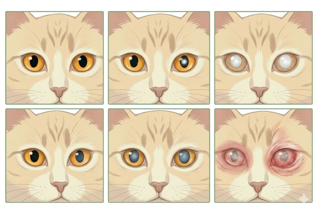 Comparison grid of cat cloudy eye sub-types from healthy normal to mature cataract