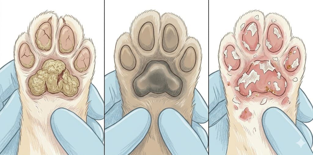 Three-panel comparison: hyperkeratosis cat paw vs old-cat callus vs pemphigus foliaceus