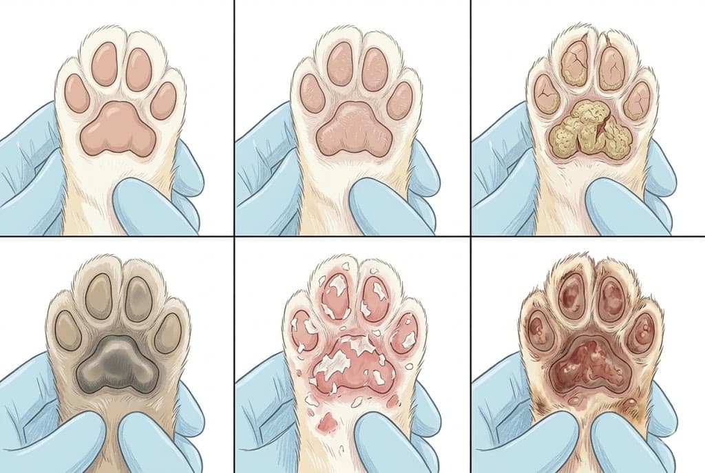 Comparison grid of 6 hyperkeratosis cat paw sub-types from healthy normal to severe pemphigus and burn damage