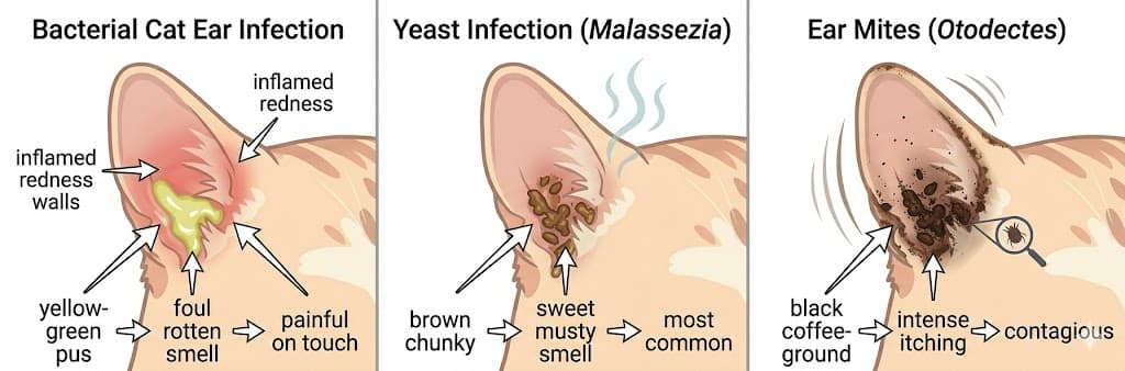 Three-panel comparison of cat ear bacterial vs yeast vs ear mites infection pictures