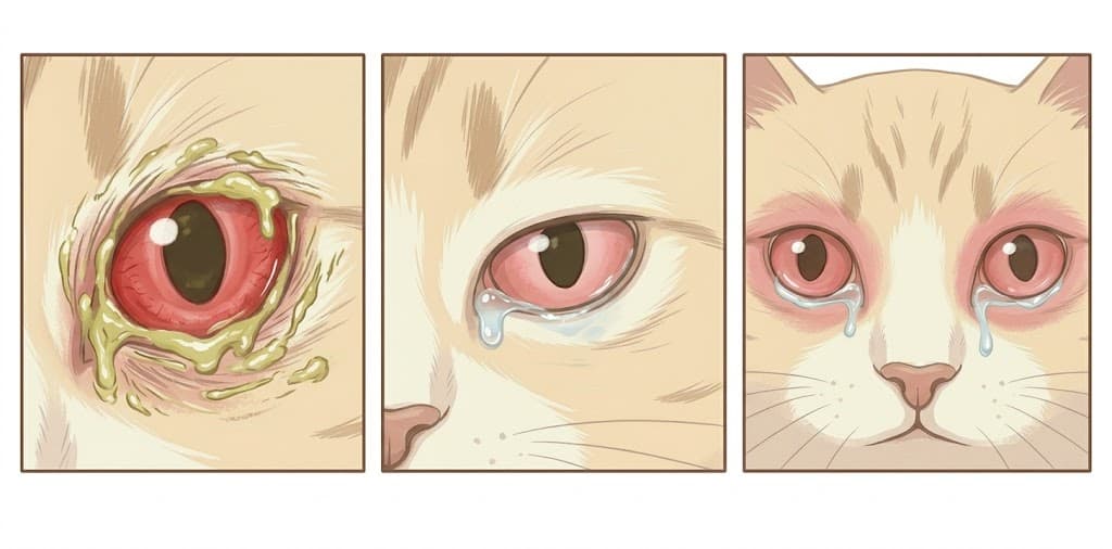 Three-panel comparison of bacterial vs viral vs allergic cat eye infection pictures