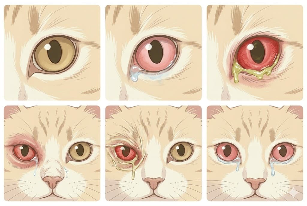 Comparison grid of cat eye infection pictures sub-types from healthy normal to bacterial and viral patterns