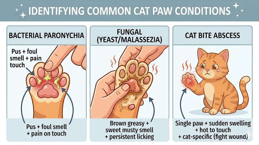 Three-panel comparison of cat paw bacterial paronychia vs fungal yeast vs cat bite abscess pictures