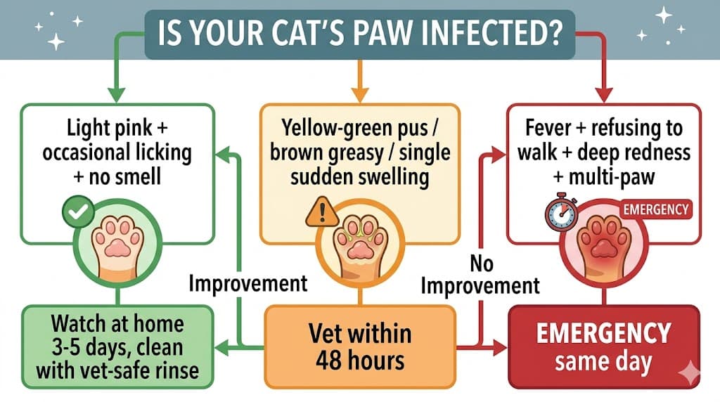 Decision flowchart for when to take a cat with paw infection pictures to the vet