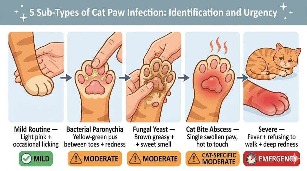 Comparison of 5 cat paw infection sub-types from mild routine to emergency systemic