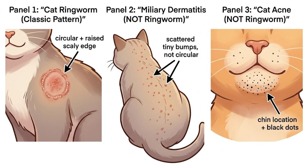 Three-panel comparison cat ringworm vs miliary dermatitis vs cat acne
