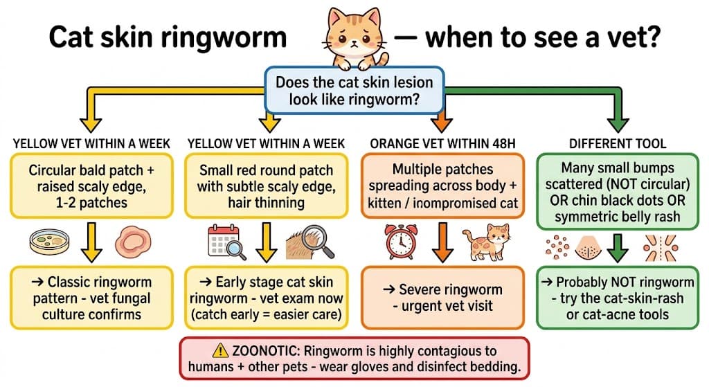 Decision flowchart for cat ringworm pictures — when to take the cat to the vet