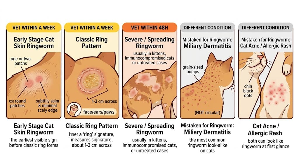 Comparison of 5 cat ringworm patterns: early stage classic spreading mistaken-for-miliary mistaken-for-acne