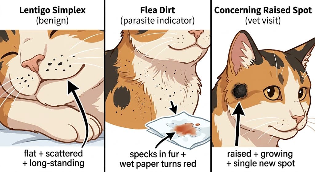 Three-panel comparison cat black spots: lentigo vs flea dirt vs concerning raised growth