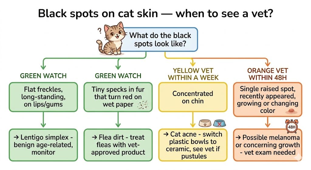 Decision flowchart for when to take a cat with black spots on skin to the vet