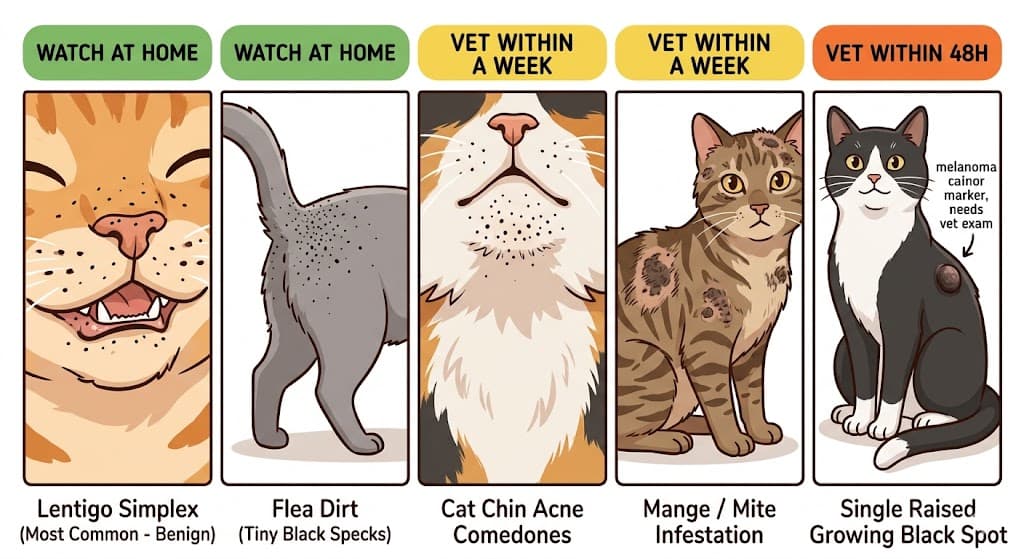 Comparison of 5 cat black spots on skin patterns: lentigo flea dirt acne mange concerning