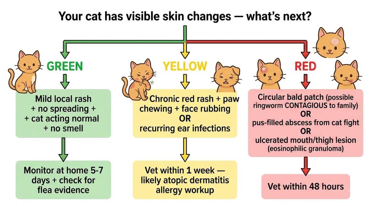 Decision flowchart for when to take a cat with skin conditions to the vet plus zoonotic ringworm warning