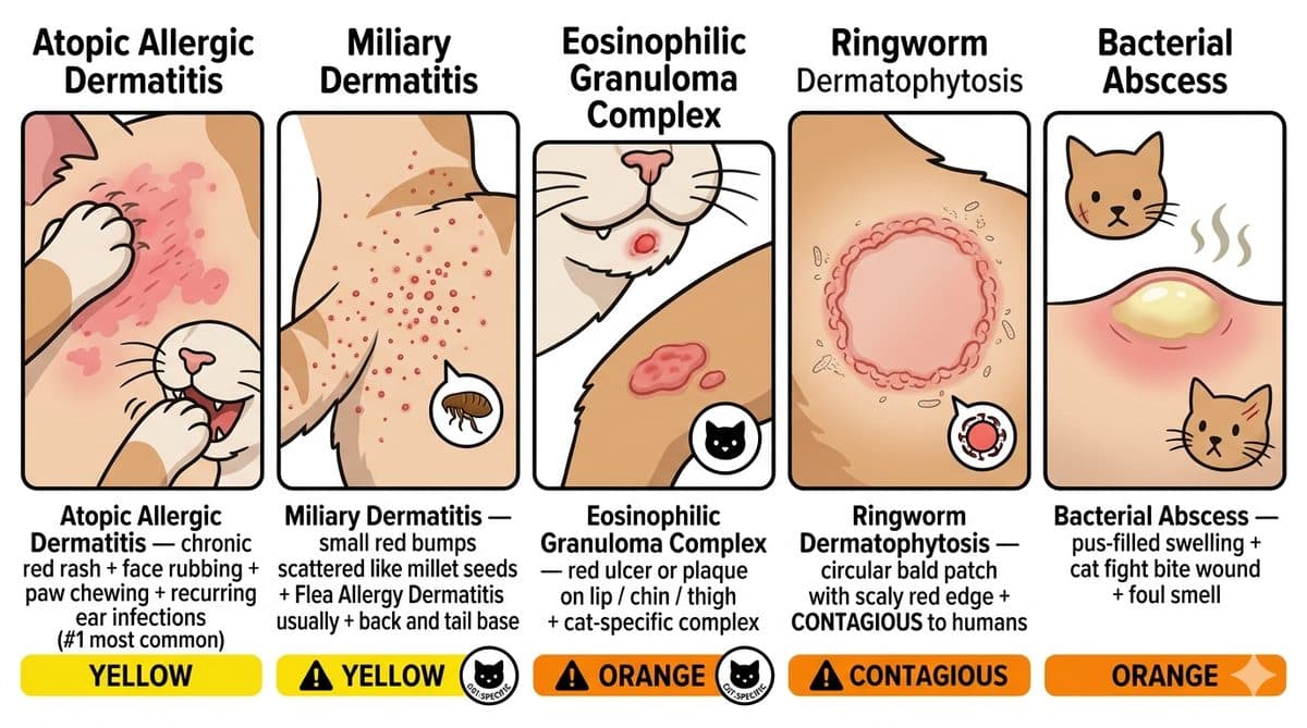 Comparison of 5 cat skin conditions: atopic vs miliary dermatitis vs eosinophilic granuloma vs ringworm vs abscess