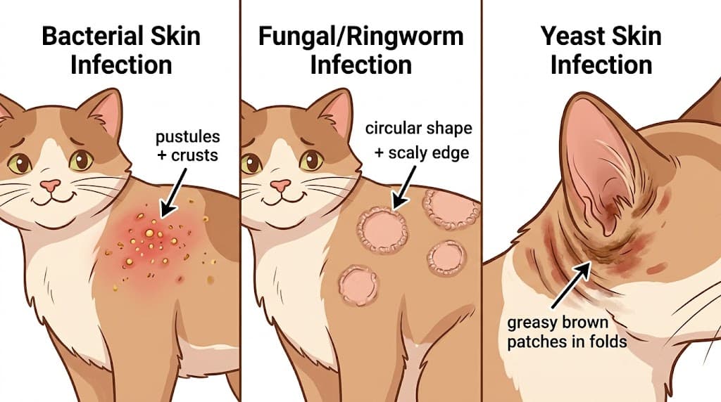 Three-panel comparison cat skin infection: bacterial vs fungal ringworm vs yeast