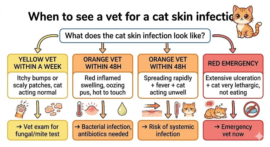 Decision flowchart for when to take a cat with skin infection to the vet