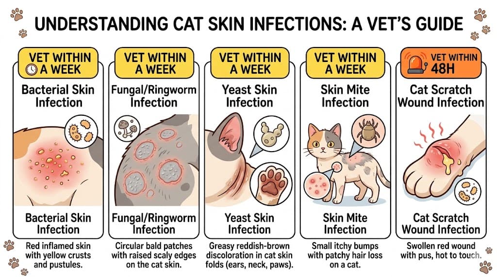 Comparison of 5 cat skin infection patterns: bacterial fungal yeast mite scratch wound