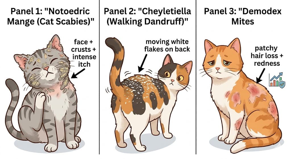 Three-panel comparison cat skin mites: notoedric vs Cheyletiella vs Demodex