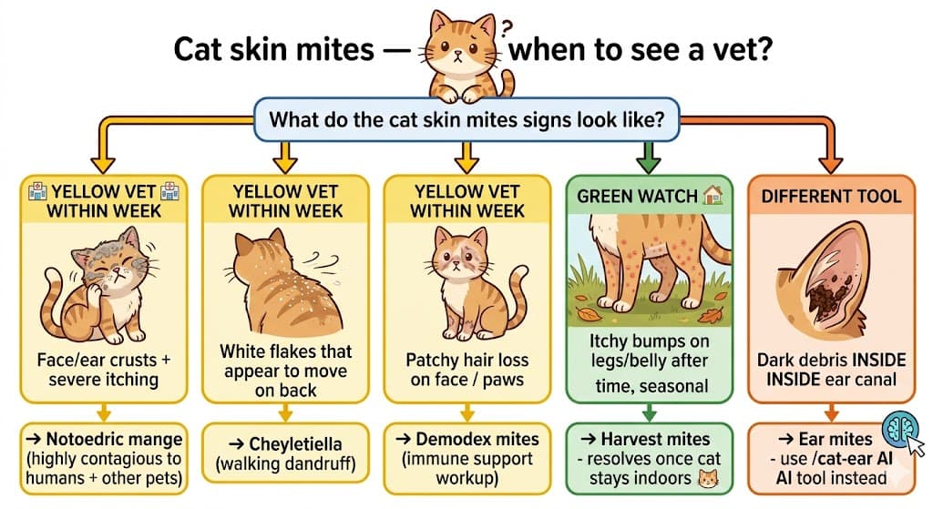 Decision flowchart for when to take a cat with skin mites to the vet