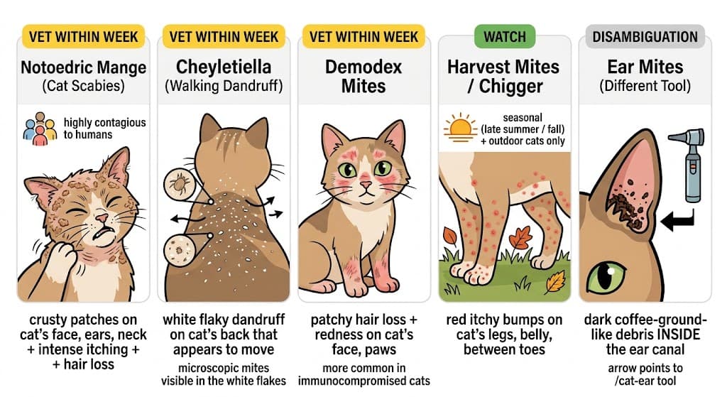 Comparison of 5 cat skin mites patterns: notoedric Cheyletiella Demodex harvest ear-mites