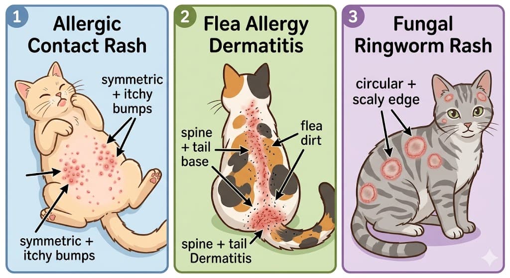 Three-panel comparison cat skin rash: allergic vs FAD vs fungal ringworm
