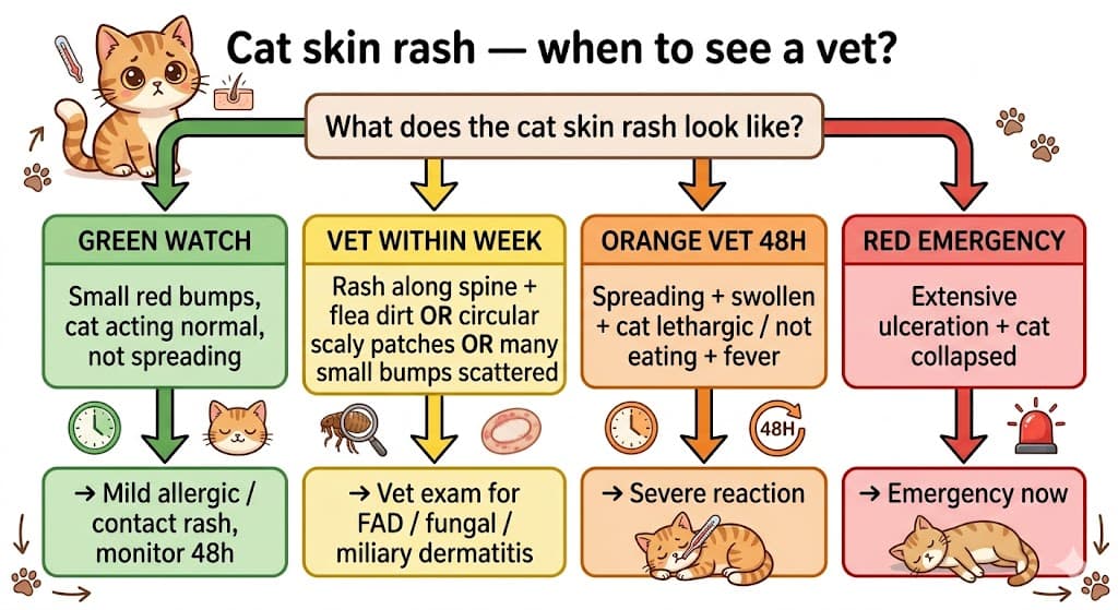 Decision flowchart for when to take a cat with skin rash to the vet