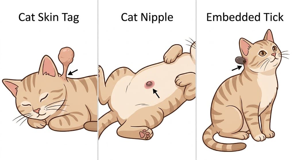 Three-panel comparison of cat skin tag vs nipple vs embedded tick pictures