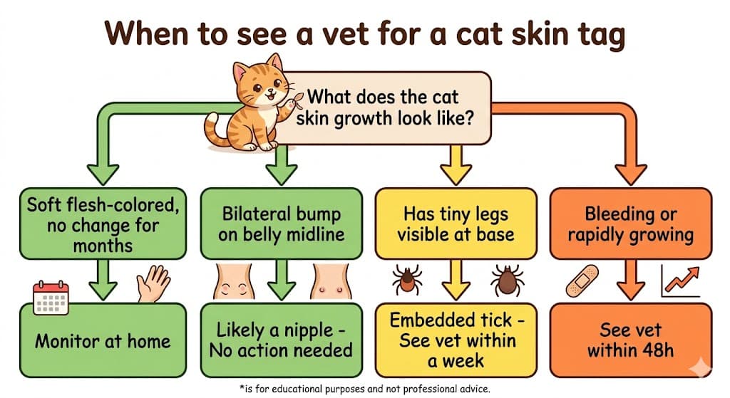 Decision flowchart for when to take a cat with a skin tag to the vet