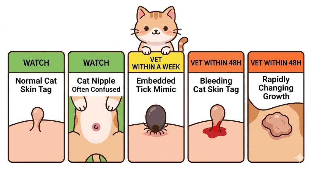 Comparison of 5 cat skin tag patterns from benign to tick mimic to rapidly changing