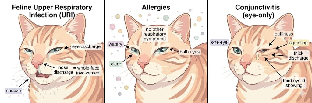 Three-panel comparison of cat URI vs allergies vs conjunctivitis