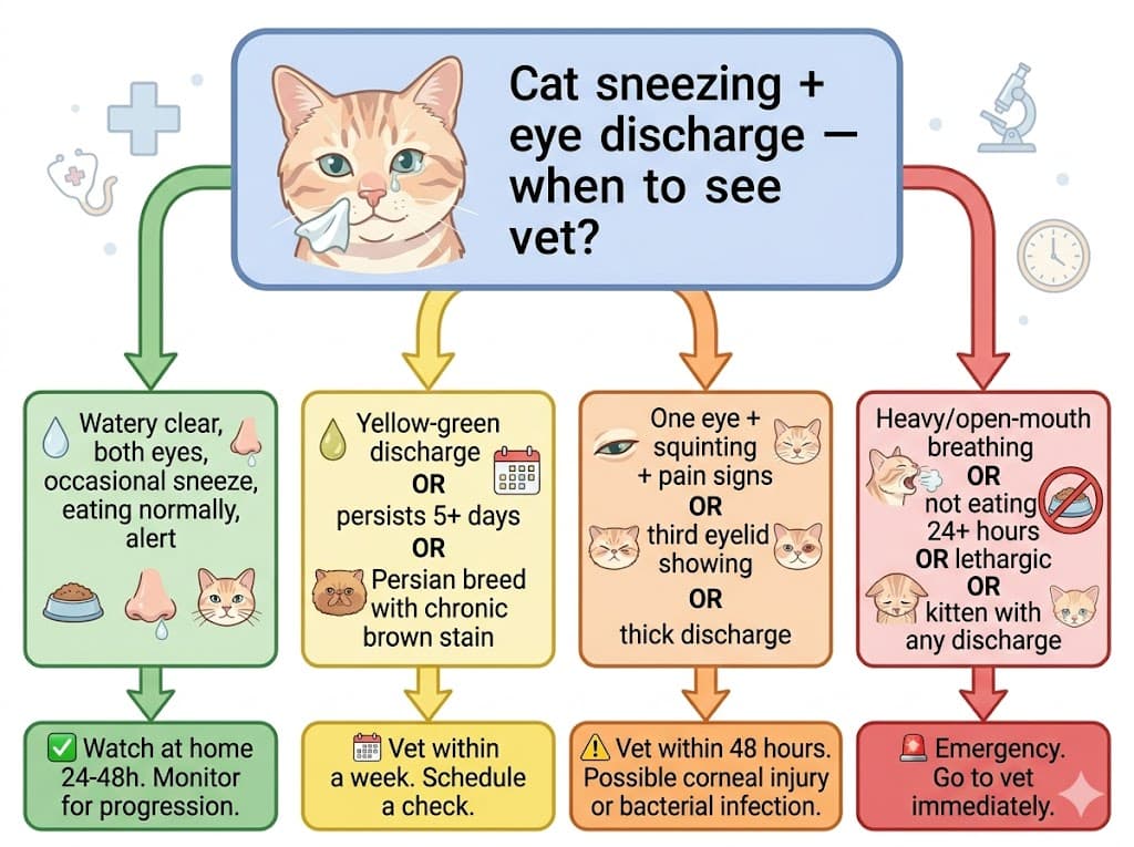 Decision flowchart for when to take a cat with sneezing and eye discharge to the vet