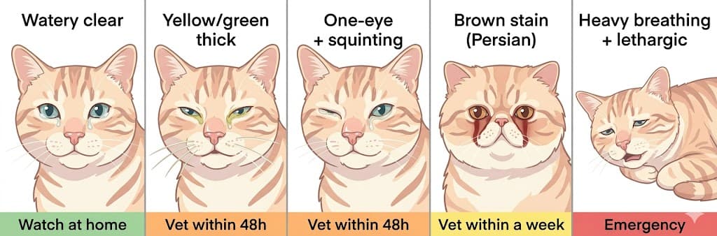 Comparison of 5 cat sneezing and eye discharge sub-types from mild to emergency