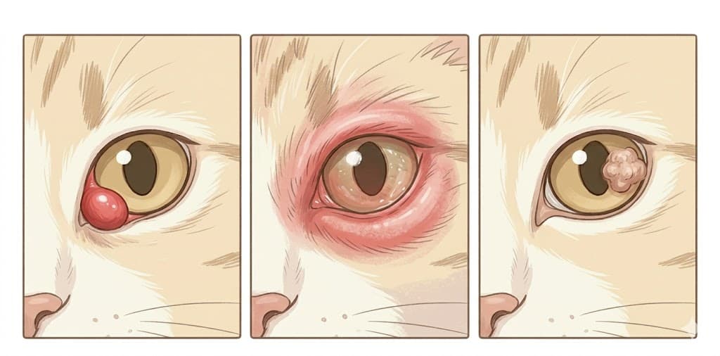 Three-panel comparison of cherry eye in cats vs conjunctivitis swelling vs eye tumor lookalike