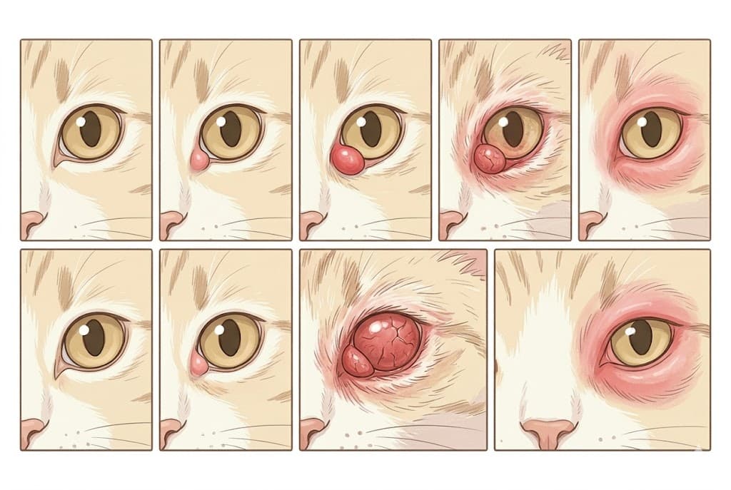 Comparison grid of cherry eye in cats sub-types from healthy normal eye to severe inflamed cherry eye