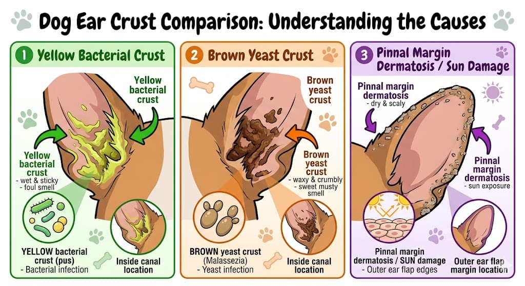 Crusty dog ears 3-panel: yellow bacterial inside vs brown yeast inside vs dry scaly pinnal edges