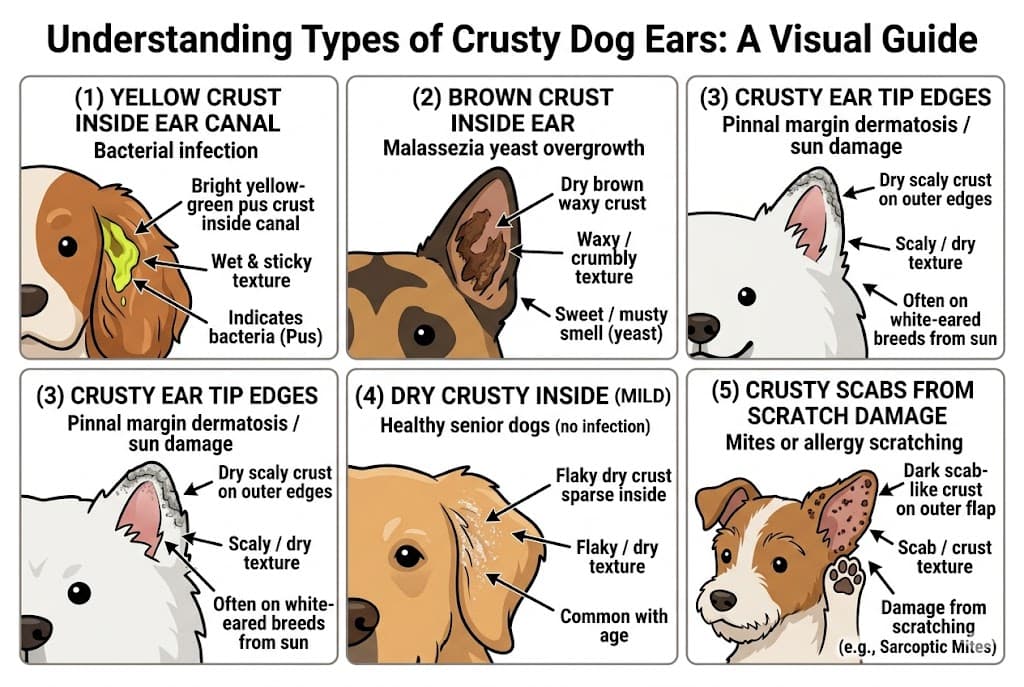 Comparison of 5 crusty dog ears sub-types: bacterial yellow vs yeast brown vs pinnal edges vs senior dry vs mites scratch
