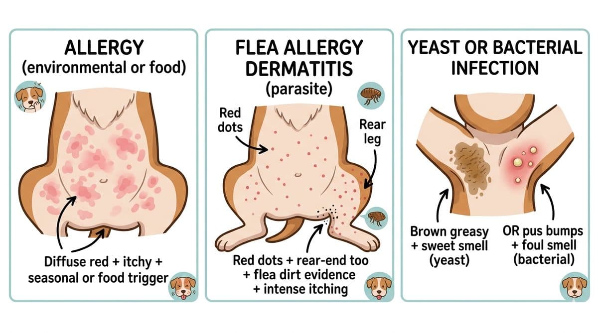 Three-panel comparison of dog allergy belly rash vs flea allergy dermatitis vs yeast or bacterial infection