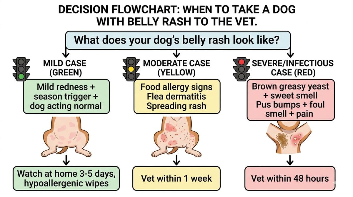 Decision flowchart for when to take a dog with belly rash to the vet