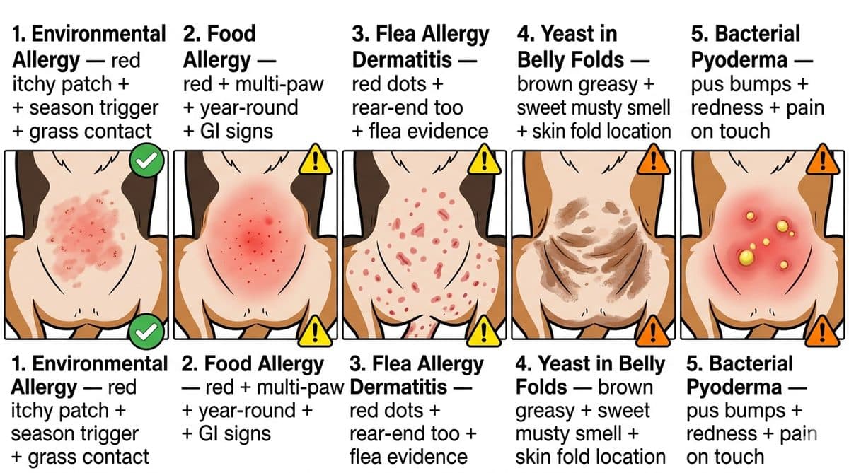 Comparison of 5 dog belly rash sub-types from environmental allergy to bacterial pyoderma