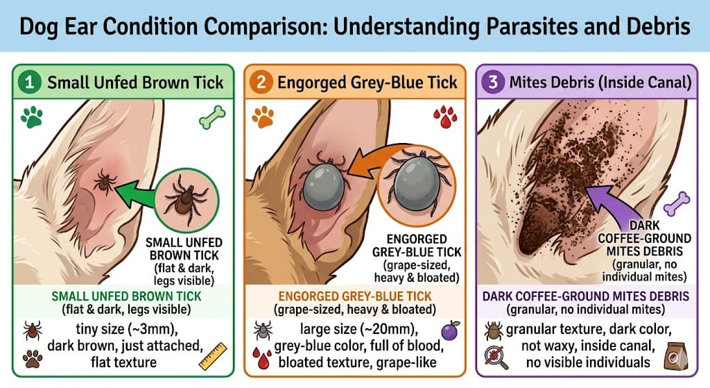 Dog ear ticks 3-panel: unfed brown tick vs engorged grey-blue vs mites coffee-ground debris